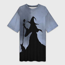 Женская длинная футболка Halloween - силуэт ведьмы с котом
