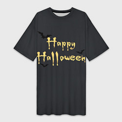 Женская длинная футболка Happy Halloween надпись с летучими мышами