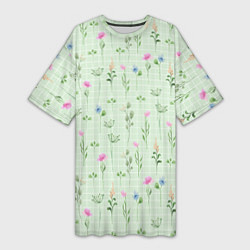 Женская длинная футболка Акварельные растения на зеленой клетке