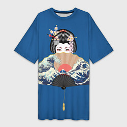 Женская длинная футболка Японская гейша с большим веером