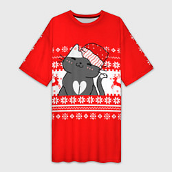 Женская длинная футболка Котик новогодний - Свитер с оленями