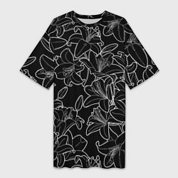Женская длинная футболка Нежные цветы - лилии: черно белыи