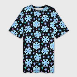 Женская длинная футболка Яркие зимние снежинки с цветными звездами