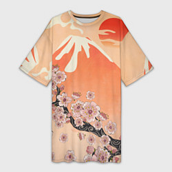Женская длинная футболка Ветка цветущей сакуры и вулкан