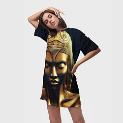 Футболка женская длинная Нейросеть - золотая статуя египетской царицы, цвет: 3D-принт — фото 2