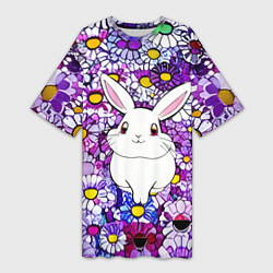 Женская длинная футболка Веселый кролик в цветах