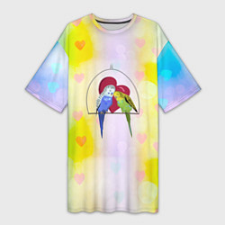 Женская длинная футболка Влюбленная пара волнистых попугайчиков