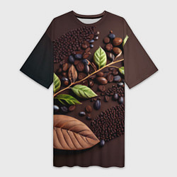 Женская длинная футболка Кофейные зерна и листья чая