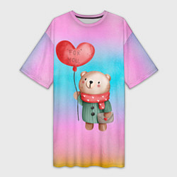 Футболка женская длинная Мишка с красным сердечком, цвет: 3D-принт