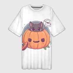 Женская длинная футболка Хэллоуинский котик
