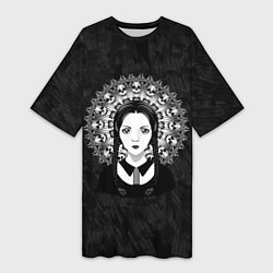 Женская длинная футболка Готическая девушка и округлый орнамент с черепами