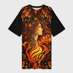 Женская длинная футболка Девушка в стиле ар-нуво с огнем и осенними листьям
