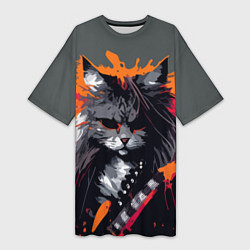 Женская длинная футболка Rocker Cat on a gray background - C-Cats collectio