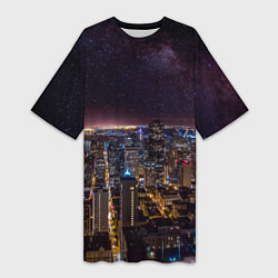 Женская длинная футболка Ночной город и звёзды на небе