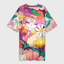 Женская длинная футболка Девочка в цветах
