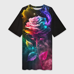 Женская длинная футболка Большая неоновая радужная роза