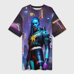 Женская длинная футболка Cyberpunk - brave girl - neural network