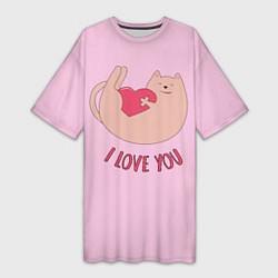 Женская длинная футболка Кот играет с сердцем