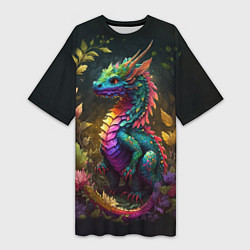 Женская длинная футболка Разноцветный дракончик в лесу