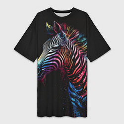 Женская длинная футболка Разноцветная зебра на темном фоне