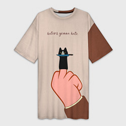 Женская длинная футболка Котик с ножиком и средний палец - текстура холста