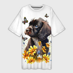 Женская длинная футболка Черный щенок и жёлтые полевые цветы