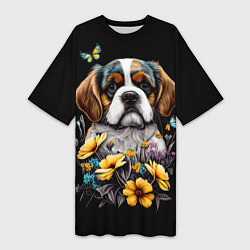 Женская длинная футболка Бернский зенненхунд - щенок с цветами