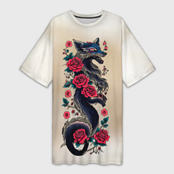 Женская длинная футболка Irezumi - татуировка лиса в розах