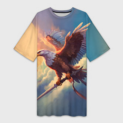 Женская длинная футболка Орел с мечом в облаках на закате