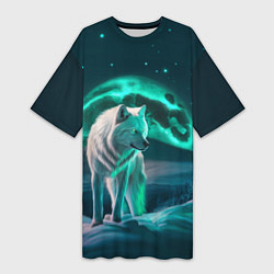 Женская длинная футболка Белый волк в зимнем лесу