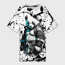 Женская длинная футболка Panda samurai on the background of blots
