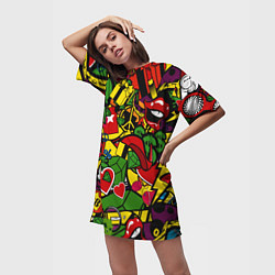 Футболка женская длинная Хиппи, знаки, позитифф, цвет: 3D-принт — фото 2