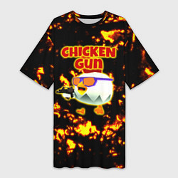 Футболка женская длинная Chicken Gun на фоне огня, цвет: 3D-принт