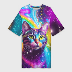 Женская длинная футболка Полосатый кот с разноцветной звездной туманностью