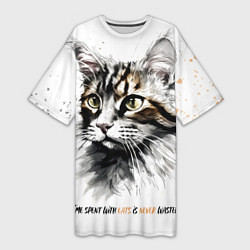 Женская длинная футболка Время с кошкой никогда не потрачено зря