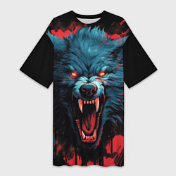 Женская длинная футболка Wolf black red