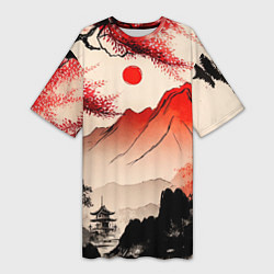 Женская длинная футболка Японский традиционный пейзаж