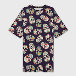 Футболка женская длинная Узор с черепами Pattern with skulls, цвет: 3D-принт