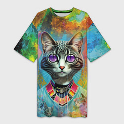 Женская длинная футболка Cat fashionista - neural network