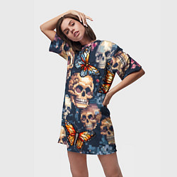 Футболка женская длинная Пиксельные черепа, цвет: 3D-принт — фото 2