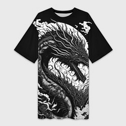 Женская длинная футболка Черно-белый дракон и волны