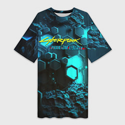 Женская длинная футболка Cyberpunk 2077 phantom liberty blue abstract