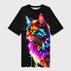 Женская длинная футболка Неоновый пушистик - кот
