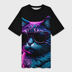 Футболка женская длинная Неоновый котик в очках, цвет: 3D-принт