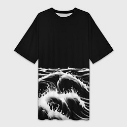 Женская длинная футболка Черные бущующие волны