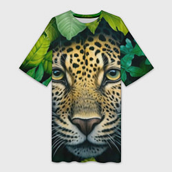 Женская длинная футболка Леопард в листьях