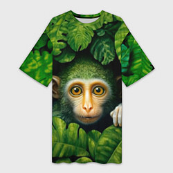 Женская длинная футболка Маленькая обезьянка в листьях