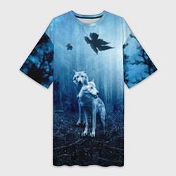 Женская длинная футболка Волки в ночном лесу