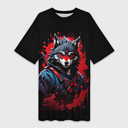 Женская длинная футболка Волк-самурай