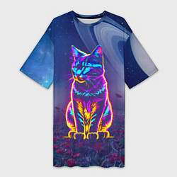 Женская длинная футболка Космический неоновый котик - нейросеть